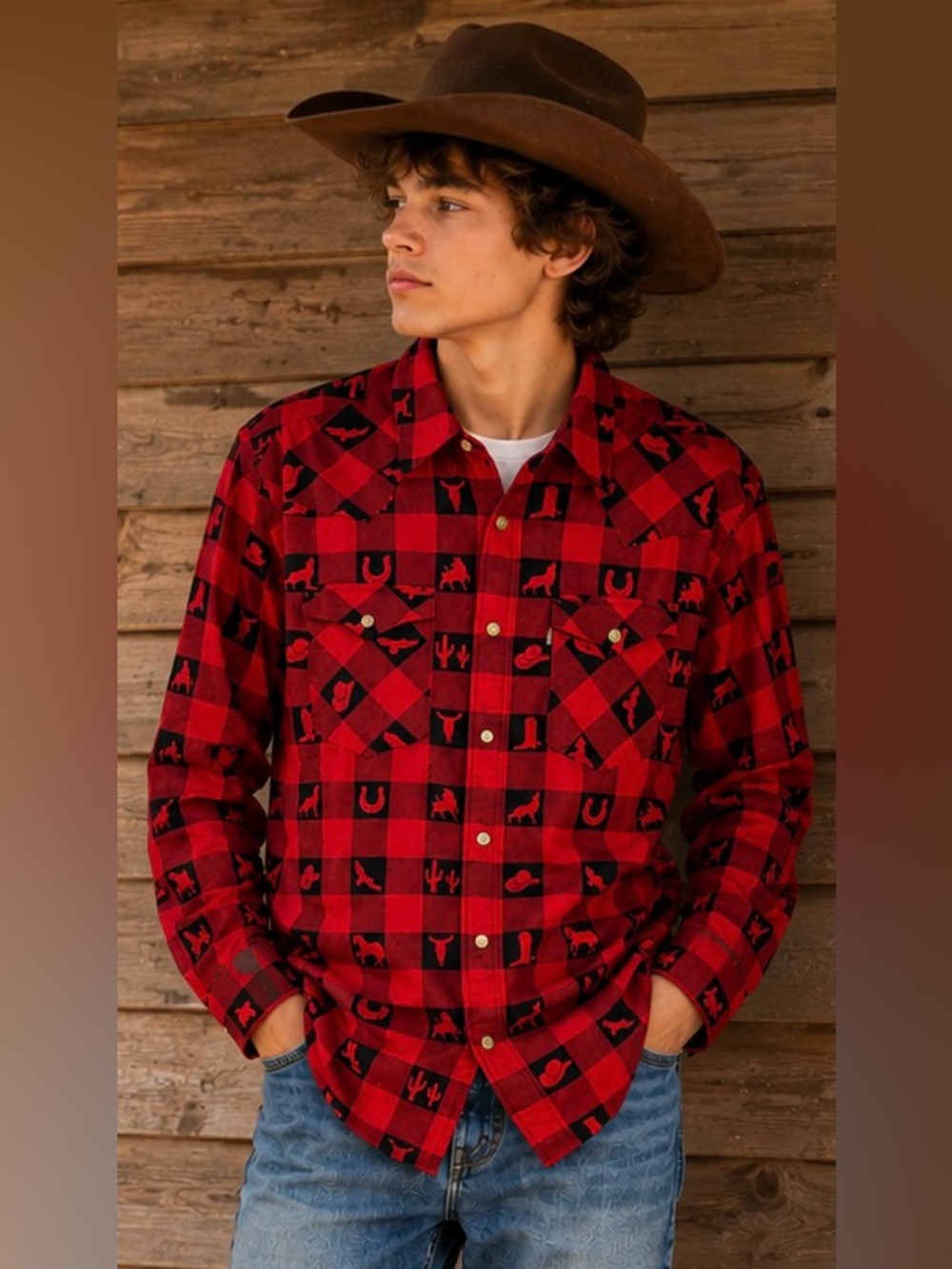 Levi’s Men's Western Cowboy Shirt Red Black Plaid Print 100% Cotton Size M